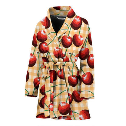 Cherry Orange Plaid Print Women Bath Robe-JTAMIGO.COM