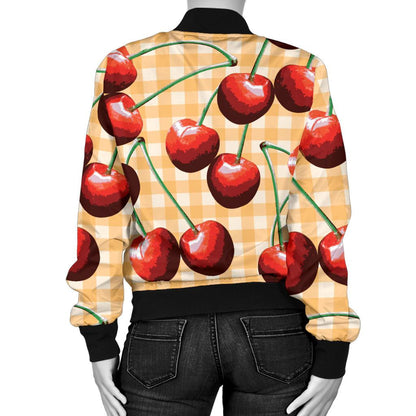 Cherry Orange Plaid Print Women Casual Bomber Jacket