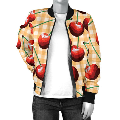 Cherry Orange Plaid Print Women Casual Bomber Jacket