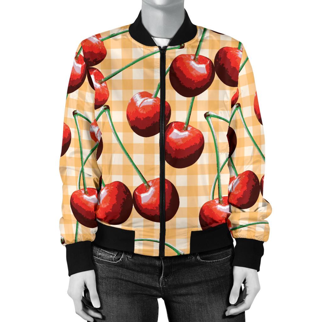 Cherry Orange Plaid Print Women Casual Bomber Jacket