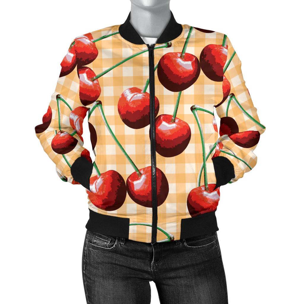Cherry Orange Plaid Print Women Casual Bomber Jacket