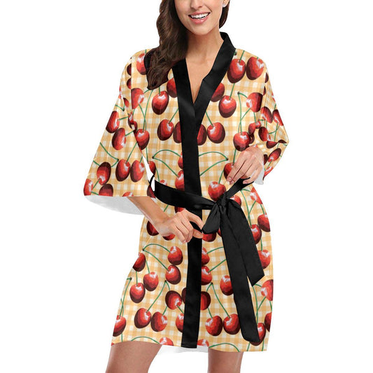 Cherry Orange Plaid Print Women Short Kimono Robe