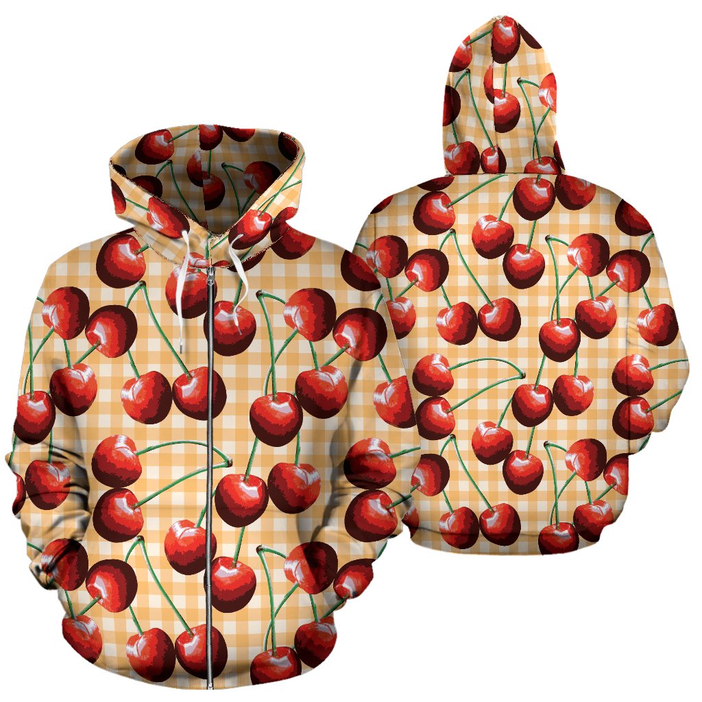 Cherry Orange Plaid Print Zip Up Hoodie