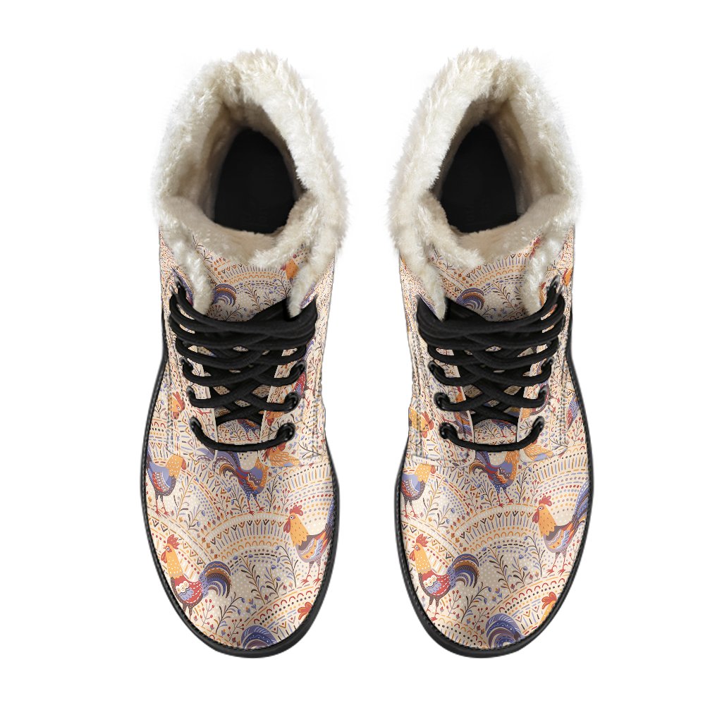 Chicken Boho Style Pattern Faux Fur Leather Boots-JTAMIGO.COM