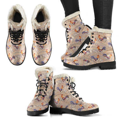 Chicken Boho Style Pattern Faux Fur Leather Boots-JTAMIGO.COM