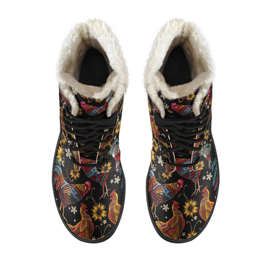 Chicken Embroidery Style Faux Fur Leather Boots-JTAMIGO.COM