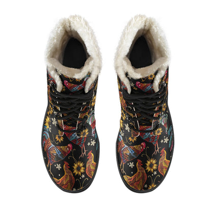 Chicken Embroidery Style Faux Fur Leather Boots-JTAMIGO.COM
