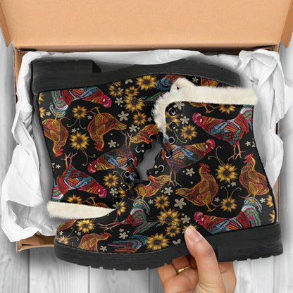 Chicken Embroidery Style Faux Fur Leather Boots-JTAMIGO.COM