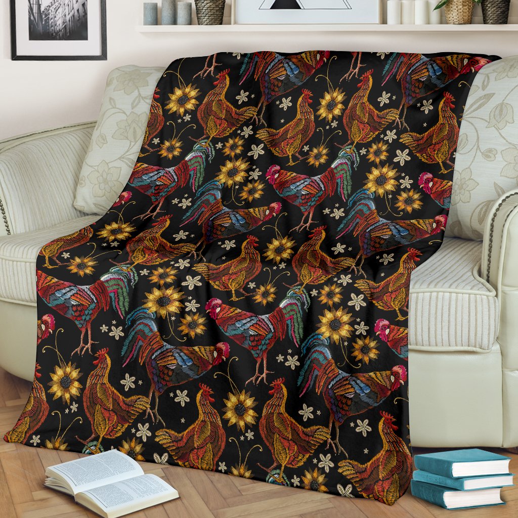 Chicken Embroidery Style Fleece Blanket