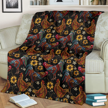 Chicken Embroidery Style Fleece Blanket