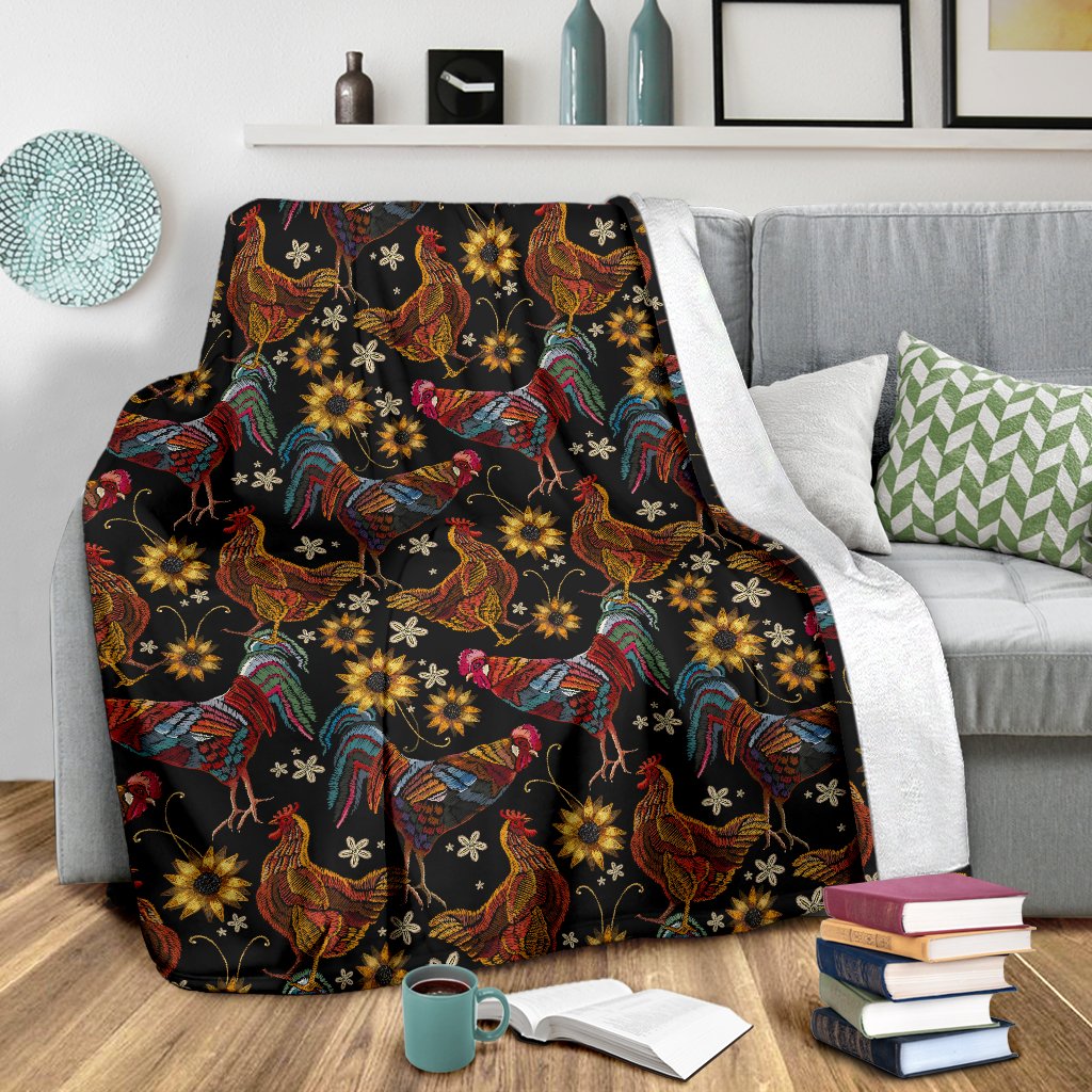 Chicken Embroidery Style Fleece Blanket