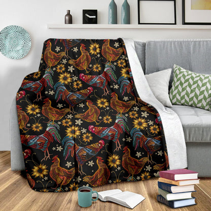 Chicken Embroidery Style Fleece Blanket