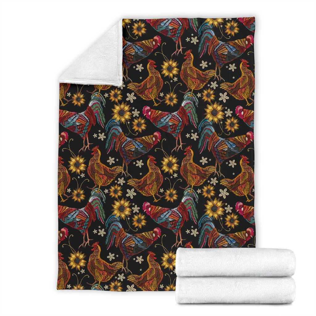 Chicken Embroidery Style Fleece Blanket
