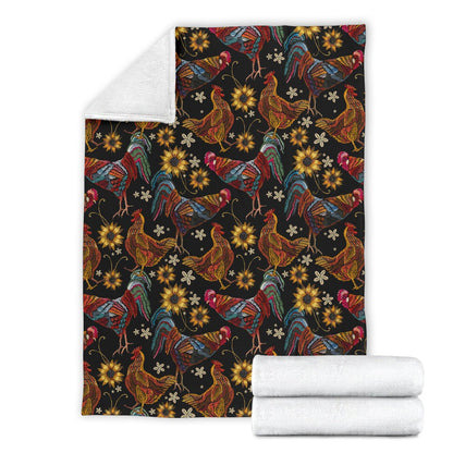 Chicken Embroidery Style Fleece Blanket
