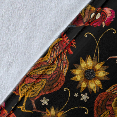 Chicken Embroidery Style Fleece Blanket