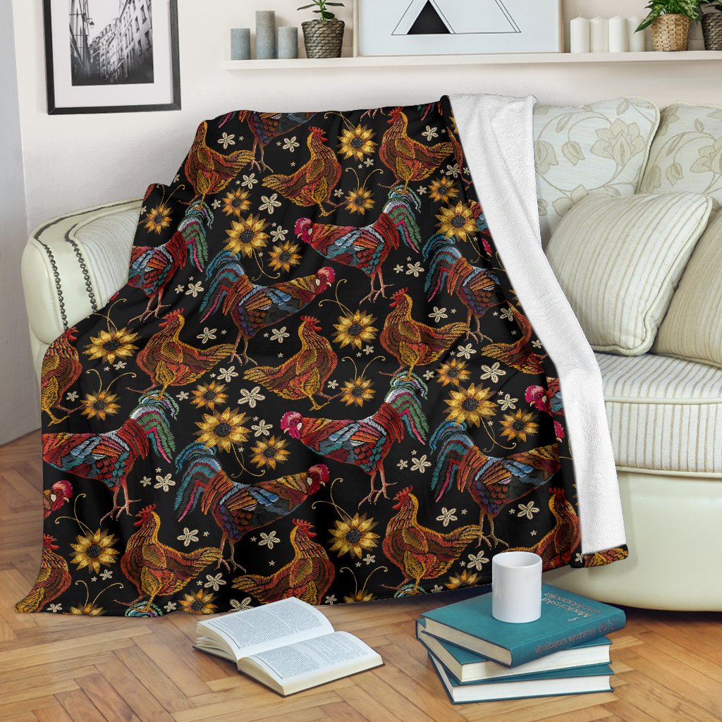Chicken Embroidery Style Fleece Blanket