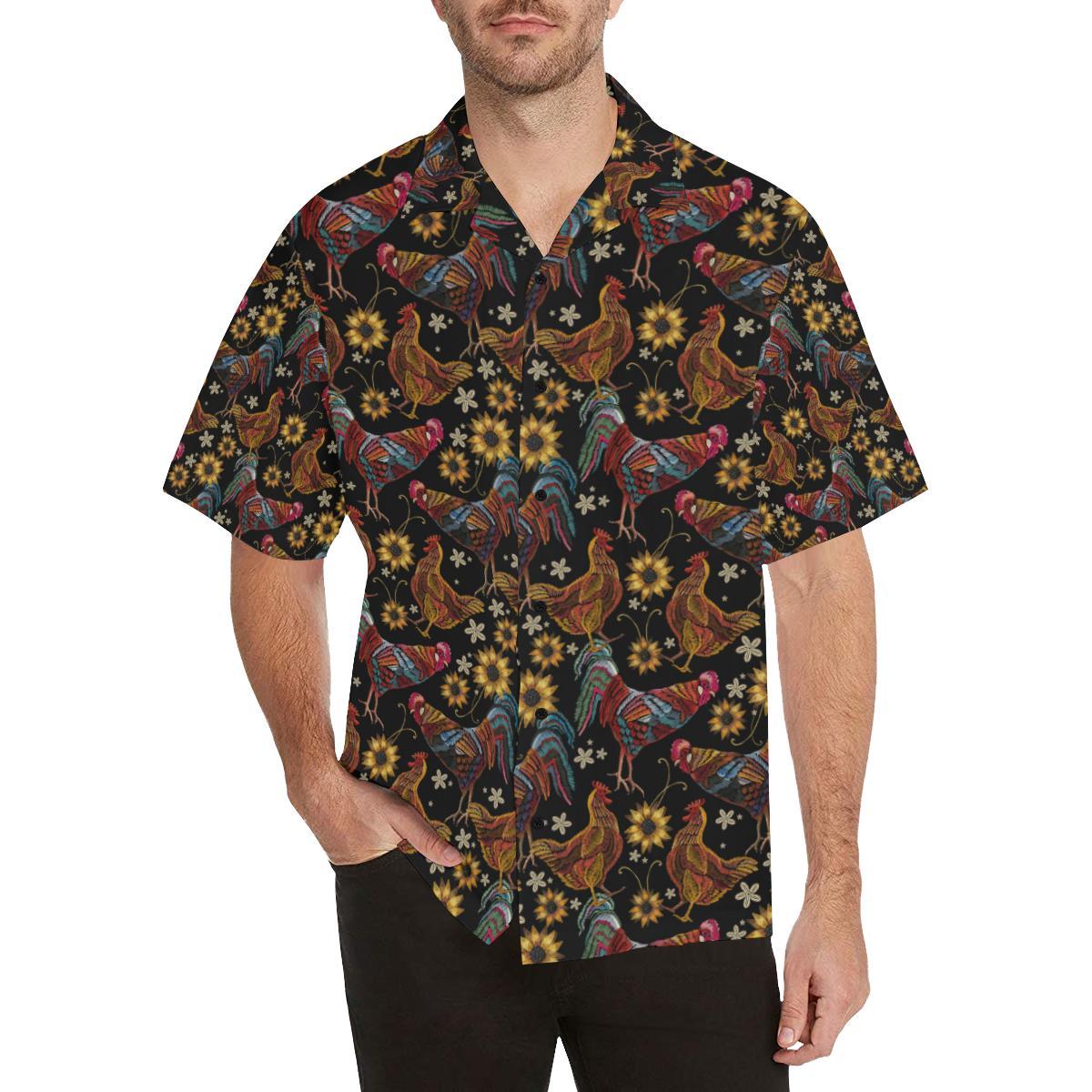 Chicken Embroidery Style Men Aloha Hawaiian Shirt