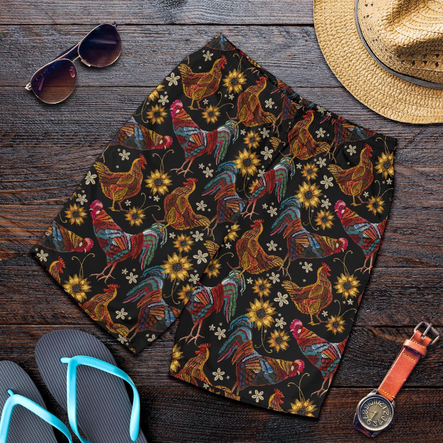 Chicken Embroidery Style Mens Shorts-JTAMIGO.COM