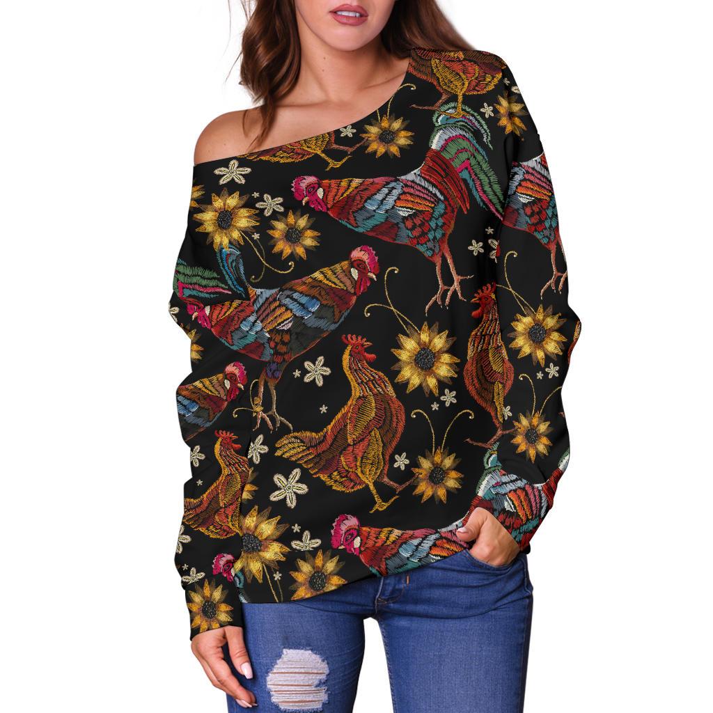 Chicken Embroidery Style Off Shoulder Sweatshirt