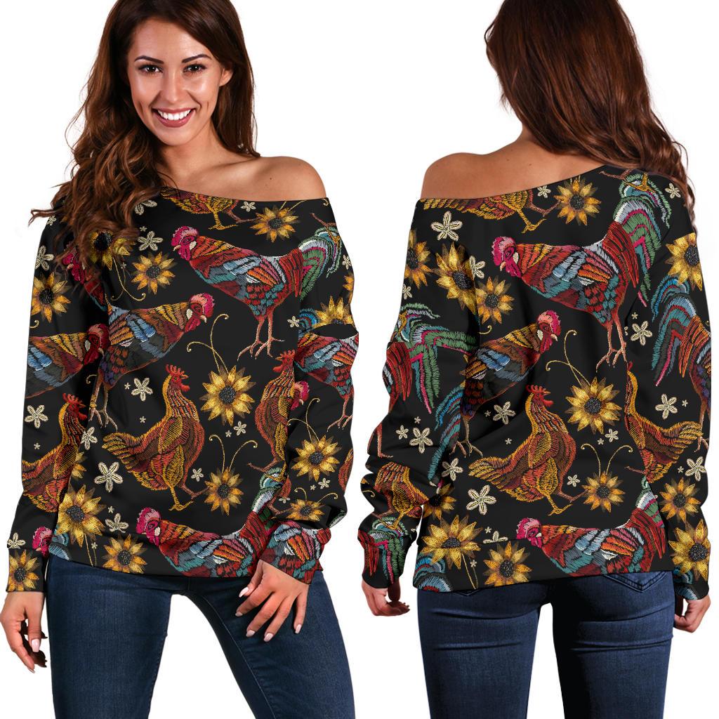 Chicken Embroidery Style Off Shoulder Sweatshirt
