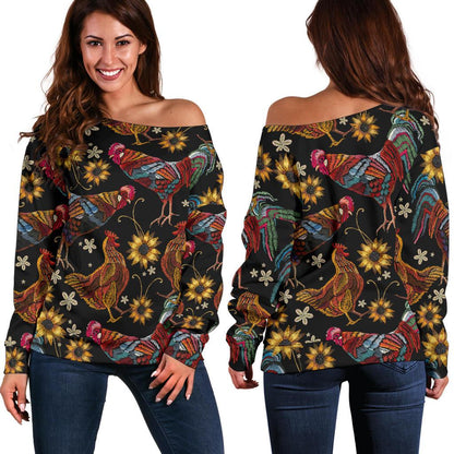 Chicken Embroidery Style Off Shoulder Sweatshirt
