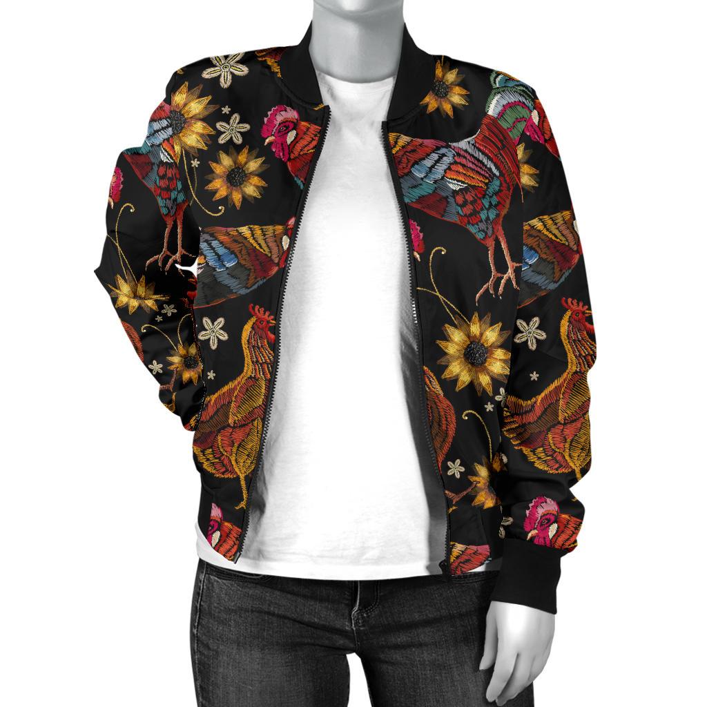 Chicken Embroidery Style Women Casual Bomber Jacket