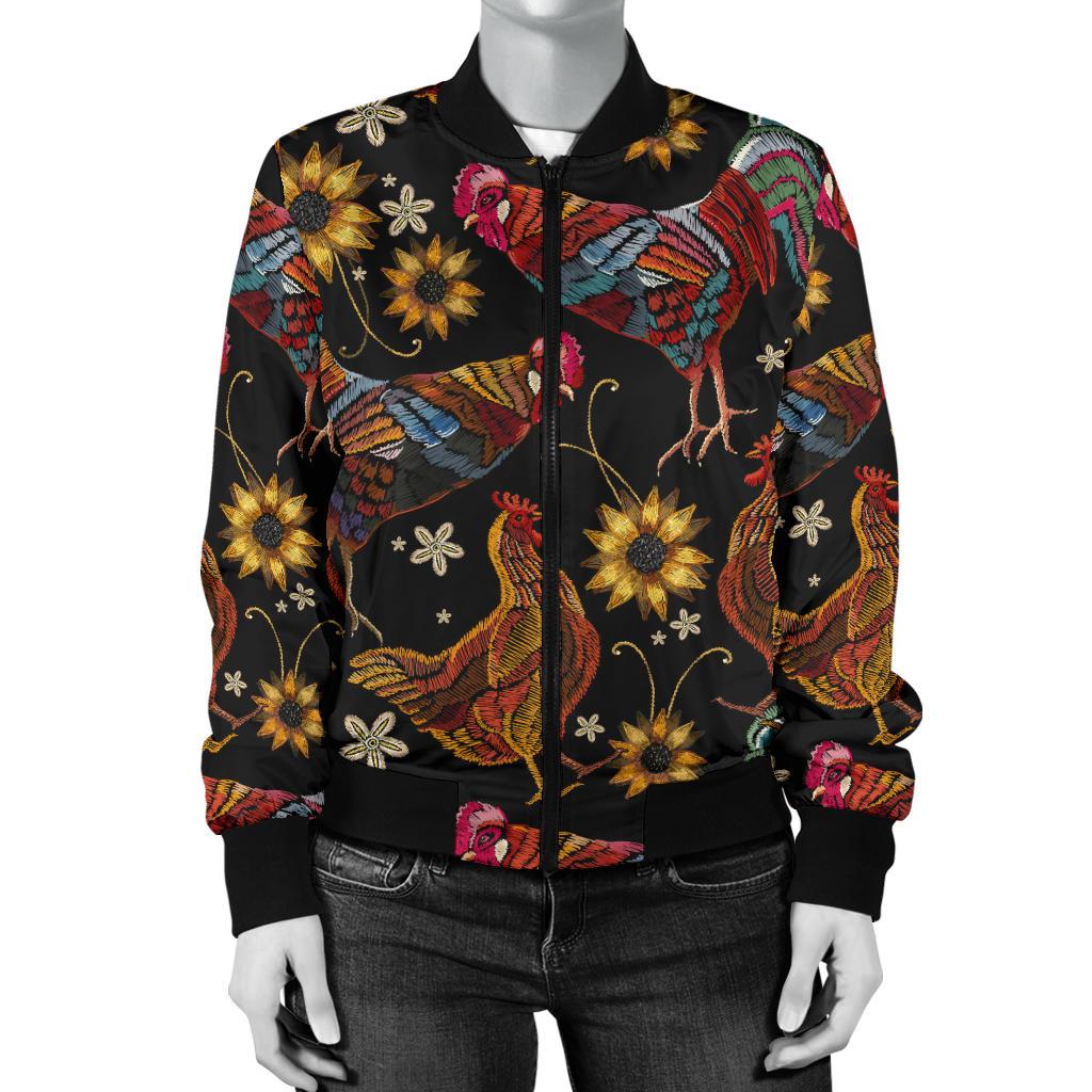 Chicken Embroidery Style Women Casual Bomber Jacket