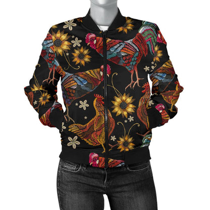 Chicken Embroidery Style Women Casual Bomber Jacket