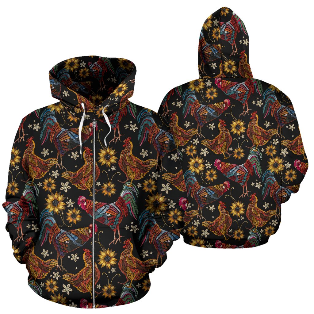 Chicken Embroidery Style Zip Up Hoodie