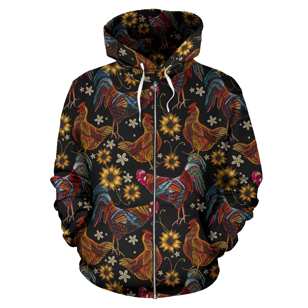 Chicken Embroidery Style Zip Up Hoodie