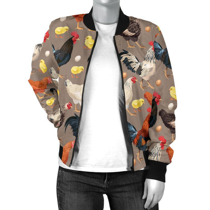 Chicken Evolution Pattern Women Casual Bomber Jacket