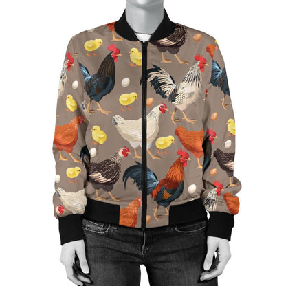 Chicken Evolution Pattern Women Casual Bomber Jacket