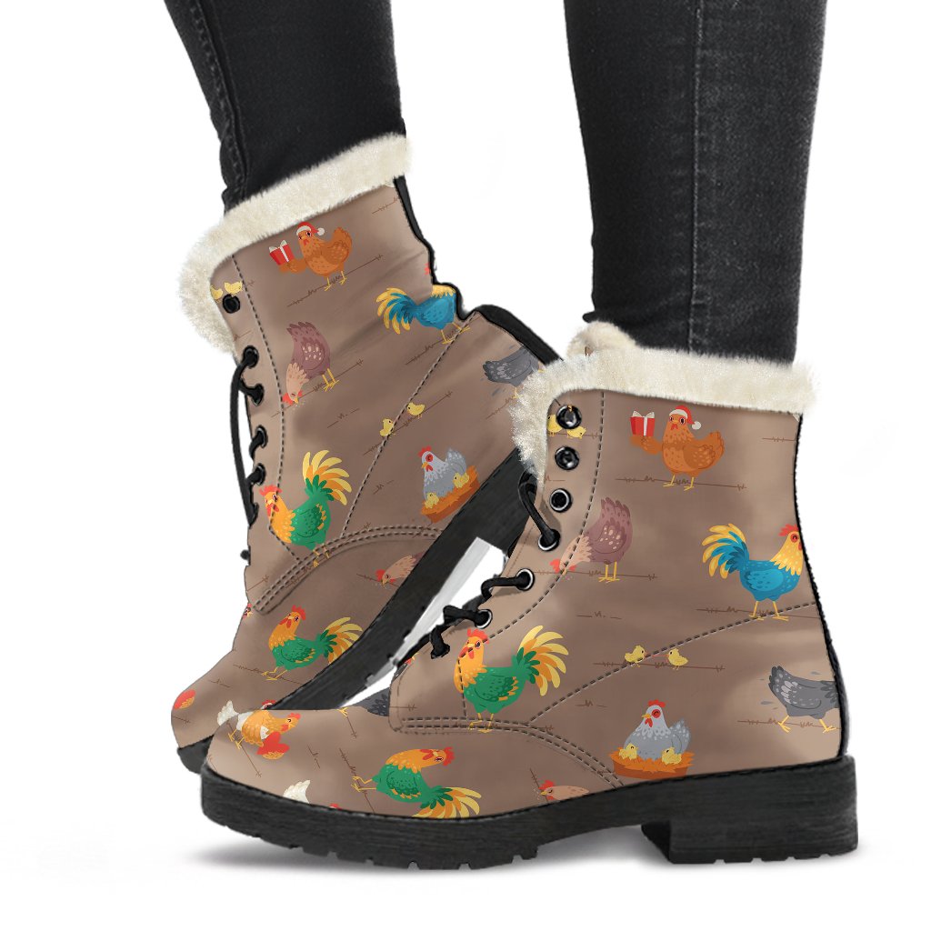 Chicken Happy Print Pattern Faux Fur Leather Boots-JTAMIGO.COM
