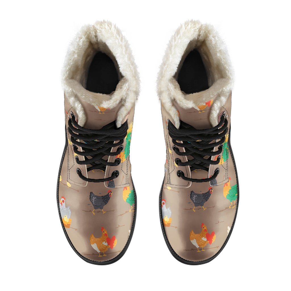Chicken Happy Print Pattern Faux Fur Leather Boots-JTAMIGO.COM