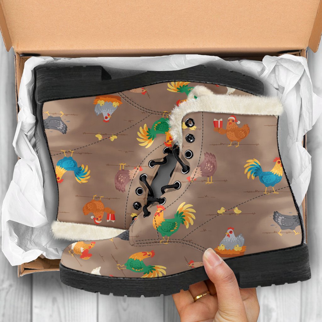 Chicken Happy Print Pattern Faux Fur Leather Boots-JTAMIGO.COM