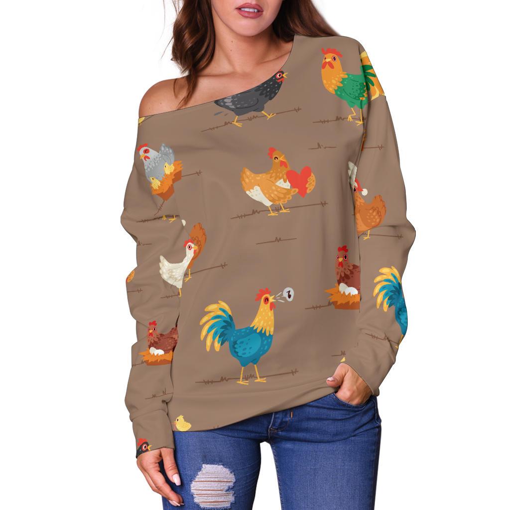Chicken Happy Print Pattern Off Shoulder Sweatshirt
