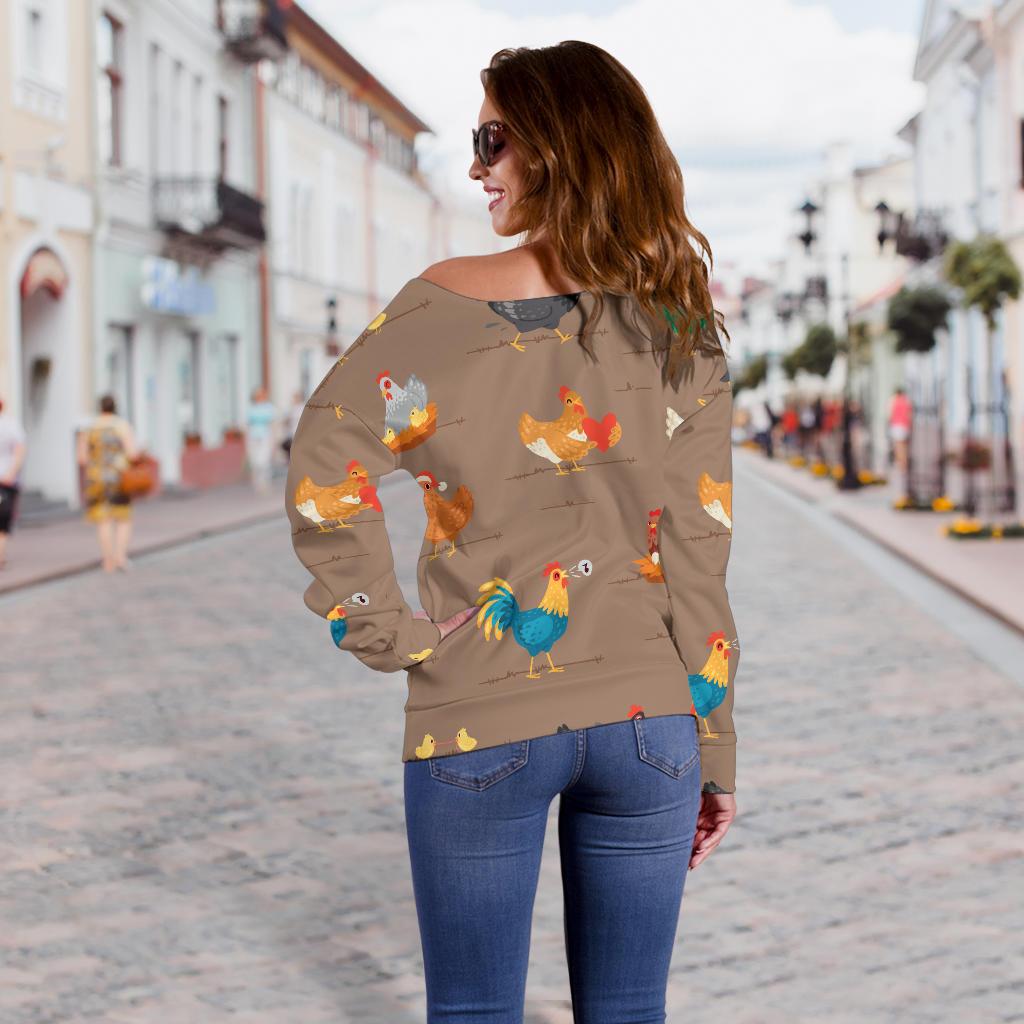 Chicken Happy Print Pattern Off Shoulder Sweatshirt