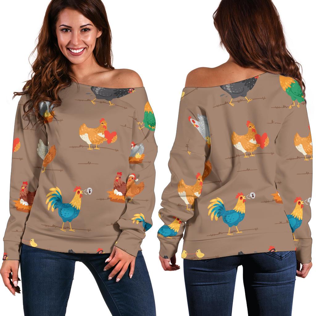 Chicken Happy Print Pattern Off Shoulder Sweatshirt