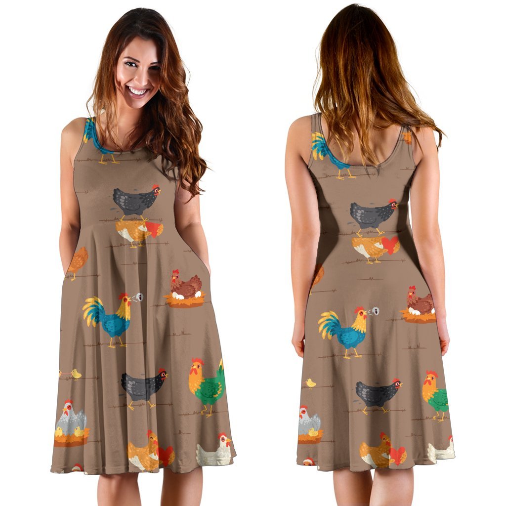 Chicken Happy Print Pattern Sleeveless Dress