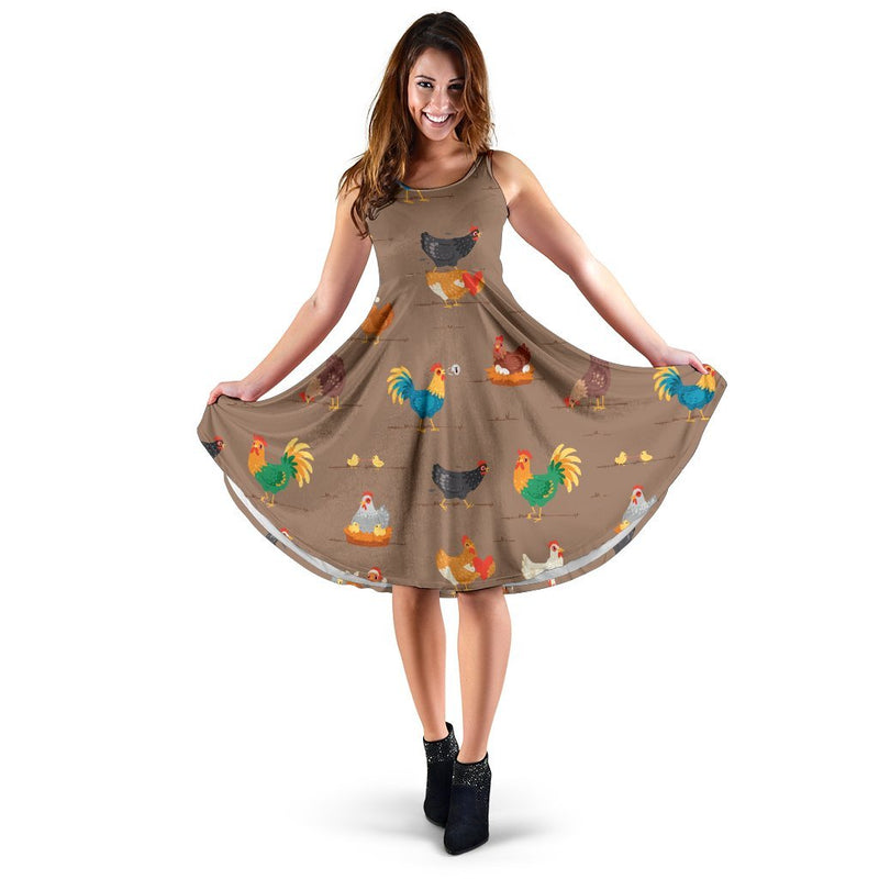 Chicken Happy Print Pattern Sleeveless Dress - JTAMIGO