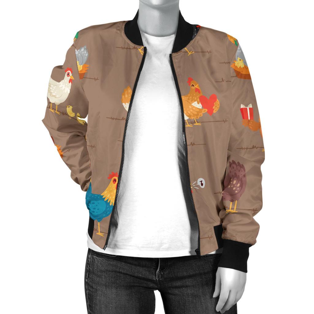 Chicken Happy Print Pattern Women Casual Bomber Jacket