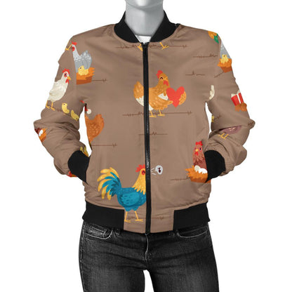 Chicken Happy Print Pattern Women Casual Bomber Jacket