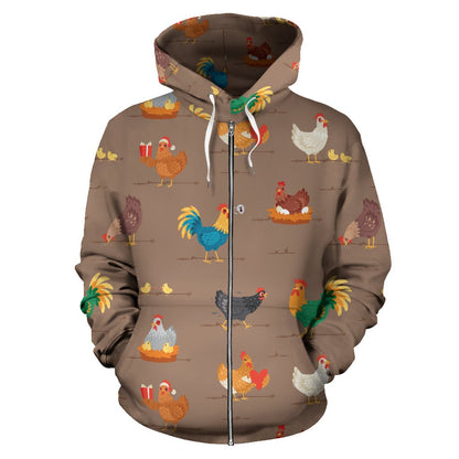 Chicken Happy Print Pattern Zip Up Hoodie