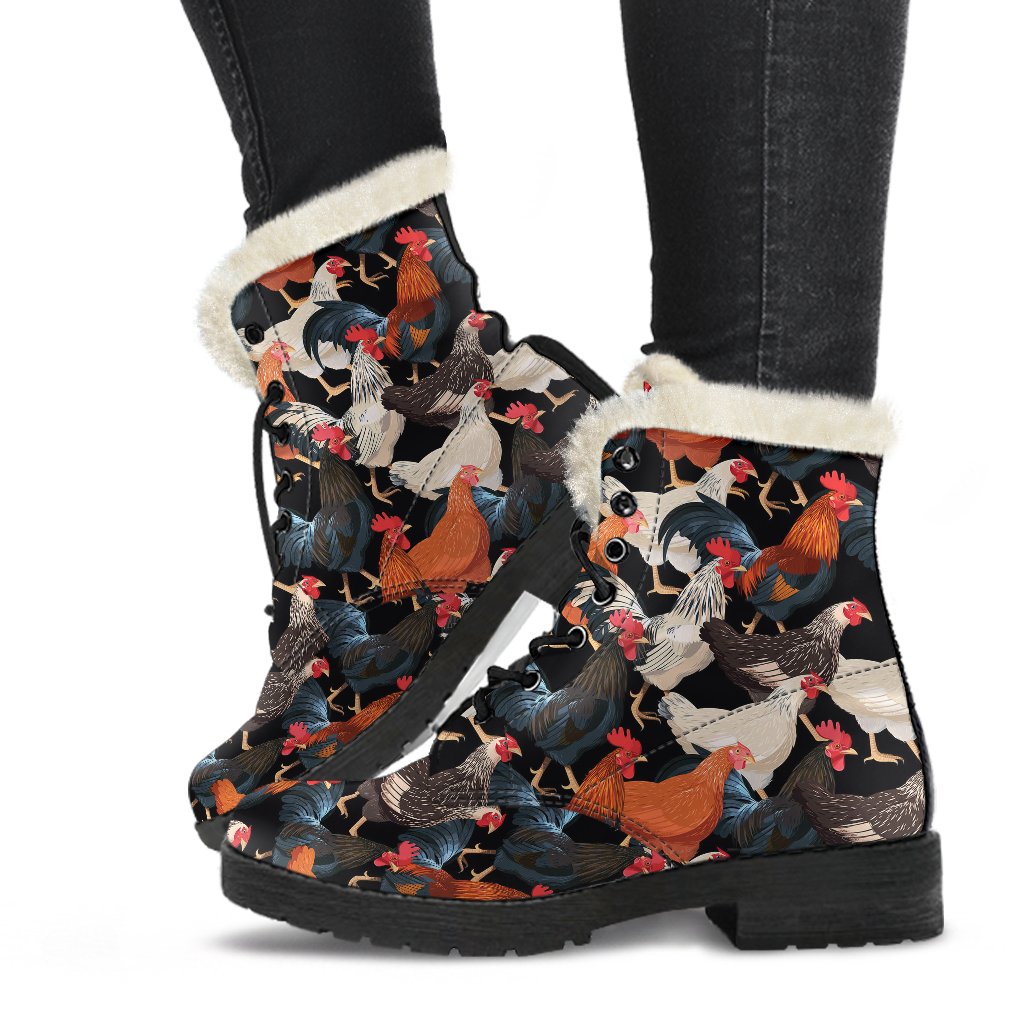Chicken Print Pattern Faux Fur Leather Boots-JTAMIGO.COM