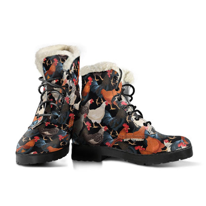 Chicken Print Pattern Faux Fur Leather Boots-JTAMIGO.COM