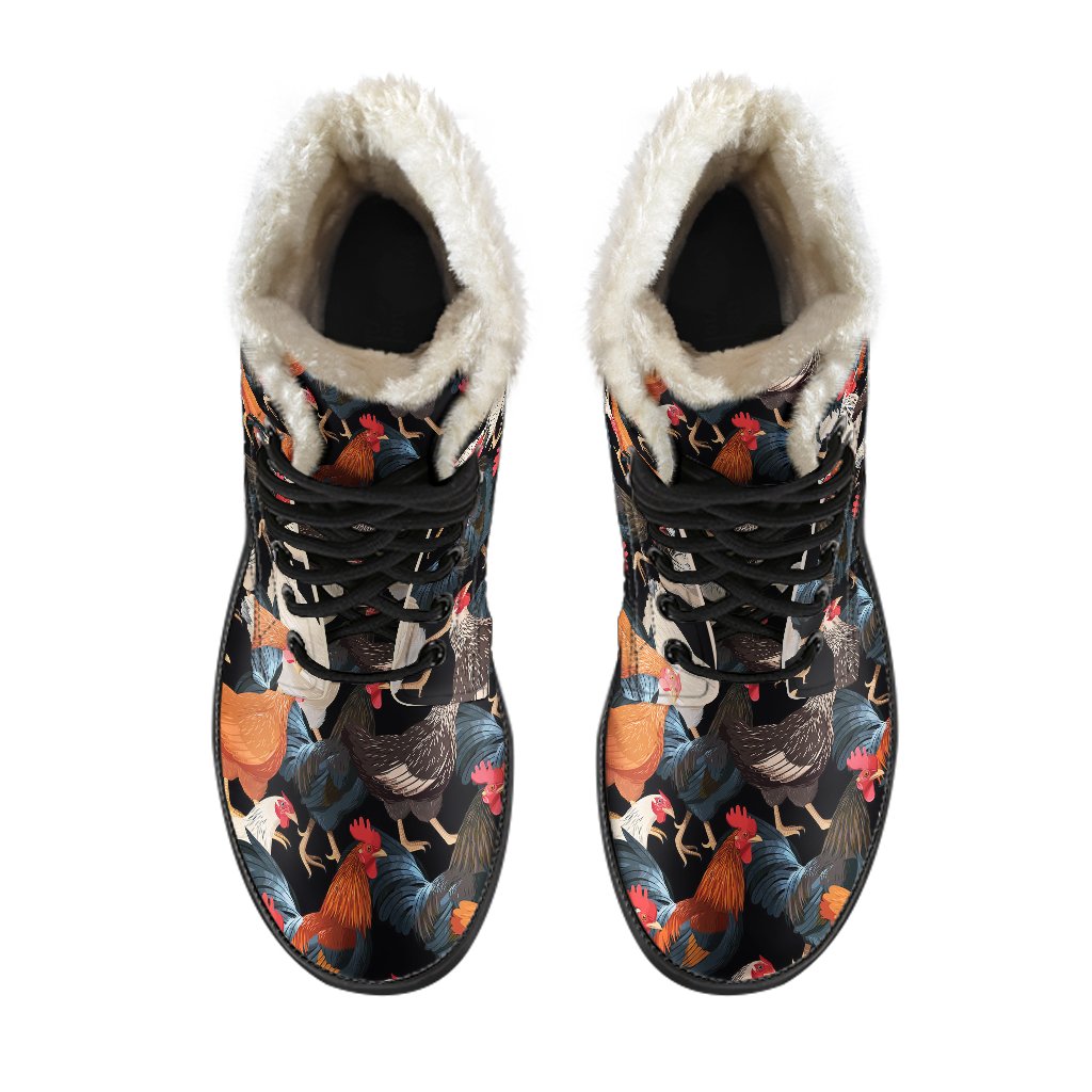 Chicken Print Pattern Faux Fur Leather Boots-JTAMIGO.COM