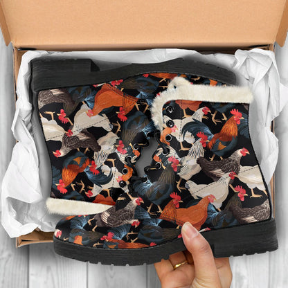 Chicken Print Pattern Faux Fur Leather Boots-JTAMIGO.COM