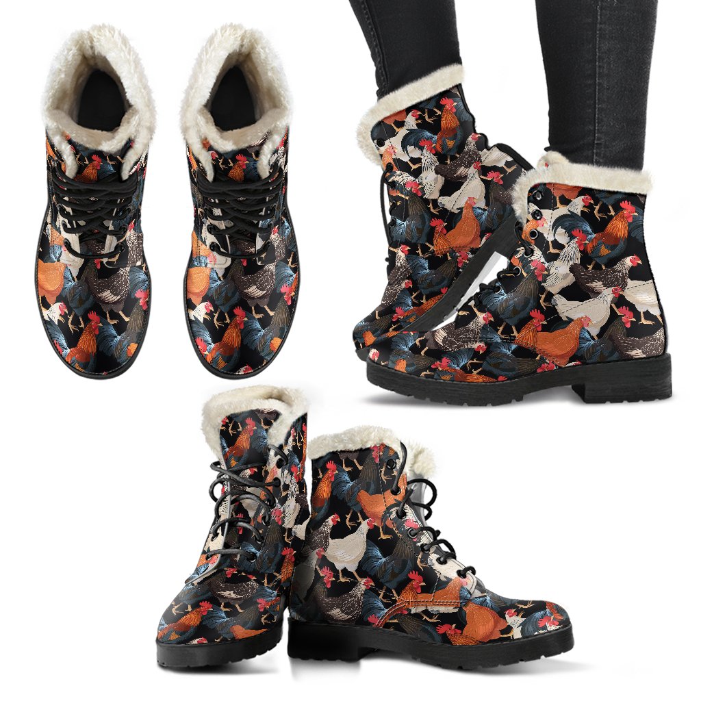Chicken Print Pattern Faux Fur Leather Boots-JTAMIGO.COM
