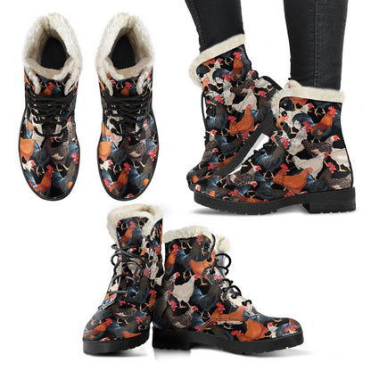 Chicken Print Pattern Faux Fur Leather Boots-JTAMIGO.COM