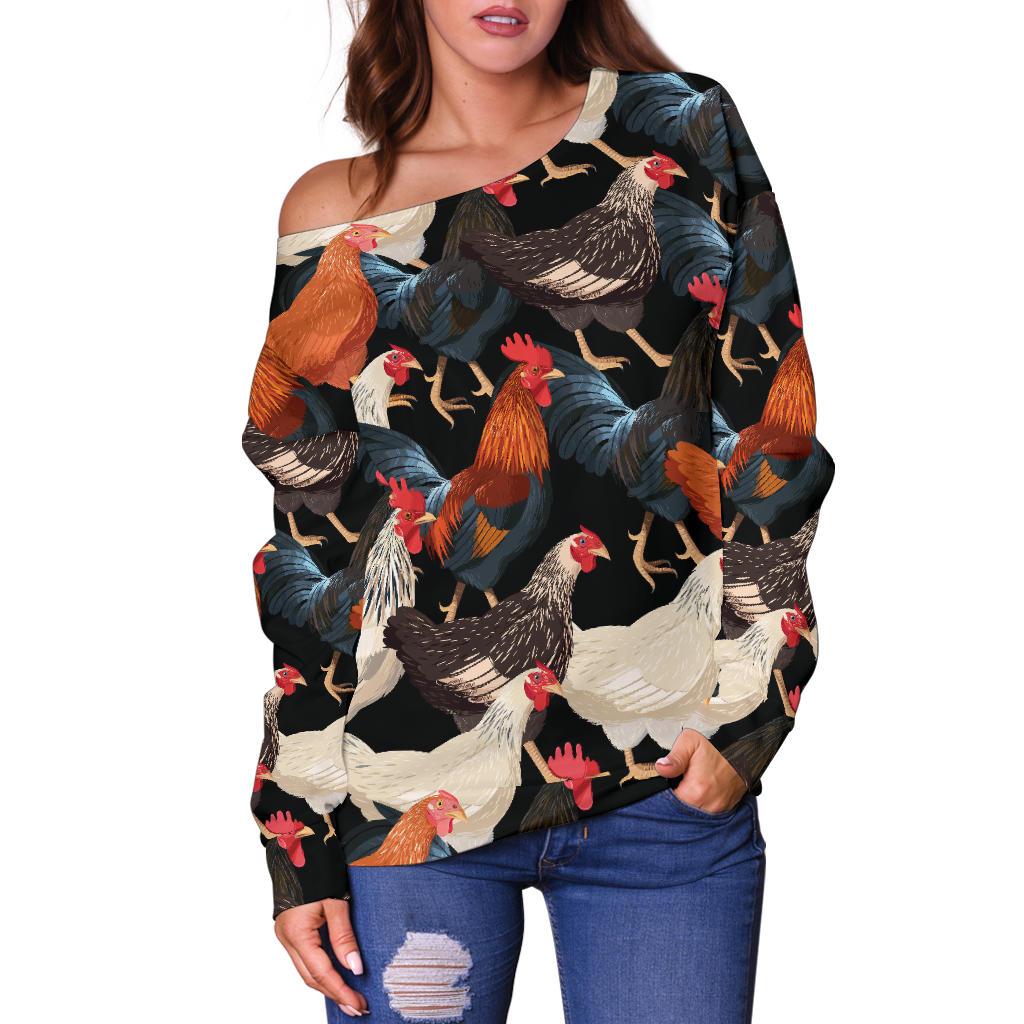 Chicken Print Pattern Off Shoulder Sweatshirt